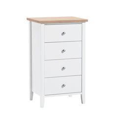 Valkoinen Saara-sarjan 4-laatikkoinen lipasto tammenvärisellä kansilevyllä.