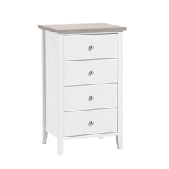 Valkoinen Saara-sarjan 4-laatikkoinen lipasto valkosaarninvärisellä kansilevyllä.