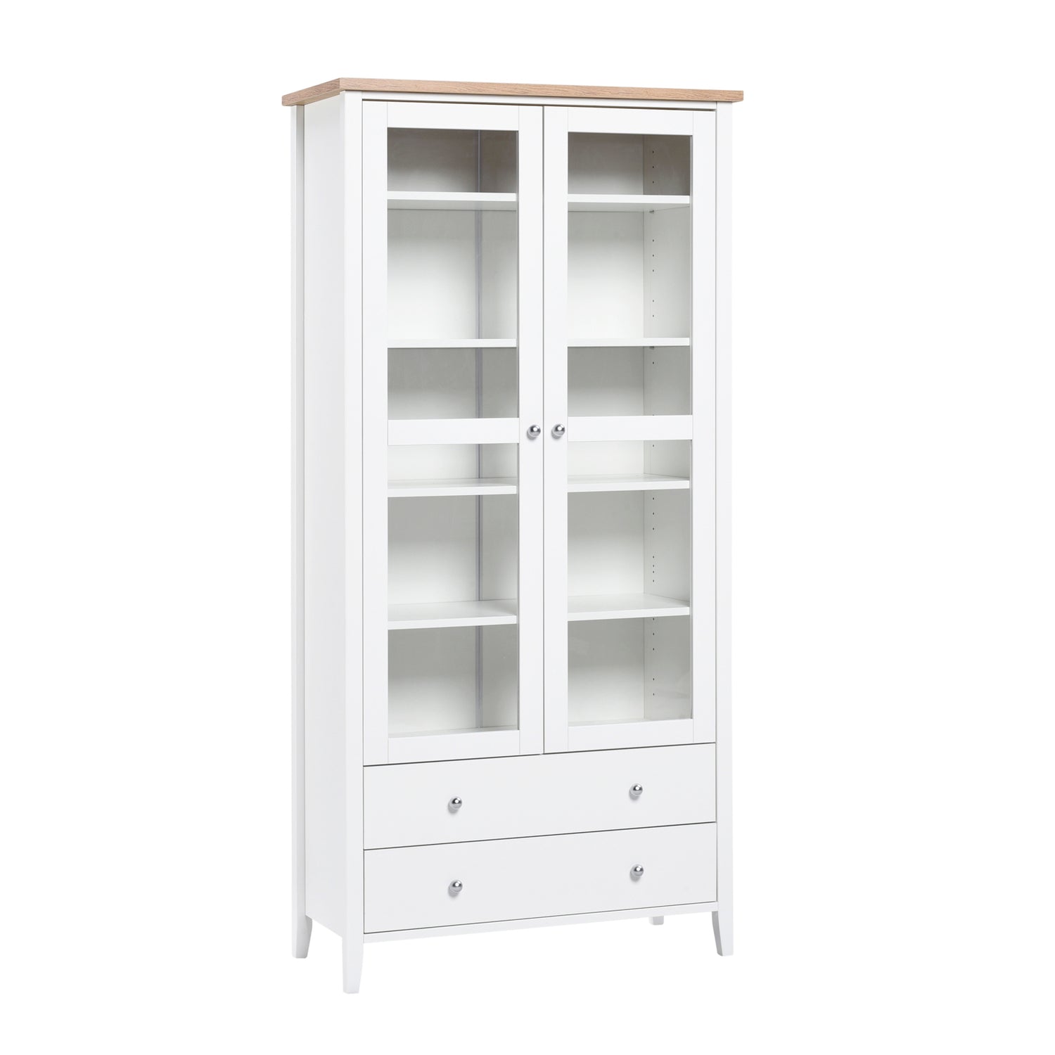 Valkoinen Saara-sarjan vitriini tammenvärisellä kansilevyllä ja levyhyllyillä. Monikäyttöisessä vitriinissä on sekä lasikaappi että laatikkotilaa.