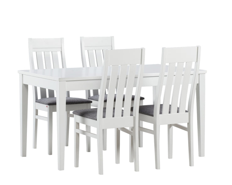 Valkoinen Saari-ruokapöytä ja Kanerva-tuolit, joissa on harmaa Gusto 94 -kangasverhoilu.