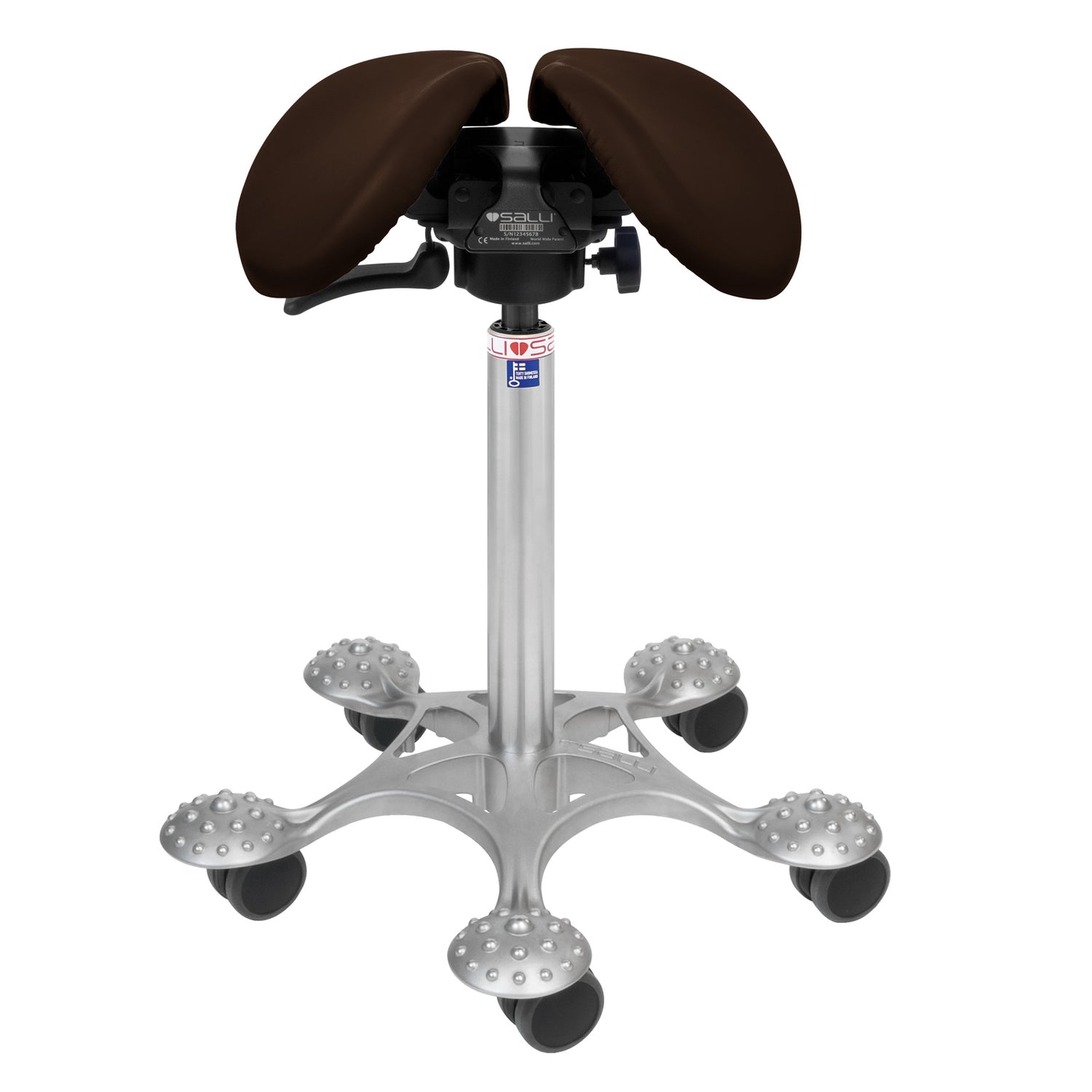 Nahkaverhoiltu Salli SwingFit -satulatuoli, tummanruskea.