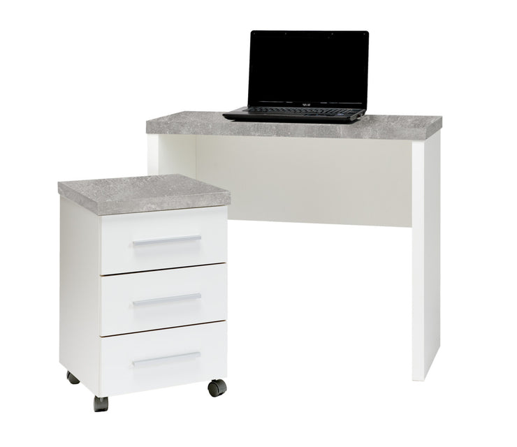Shape-sarjan laatikosto, sekä kapea työpöytä. Kuvan kalusteiden pääväri on valkoinen ja niiden kannet ovat harmaan betoninvärisiä.