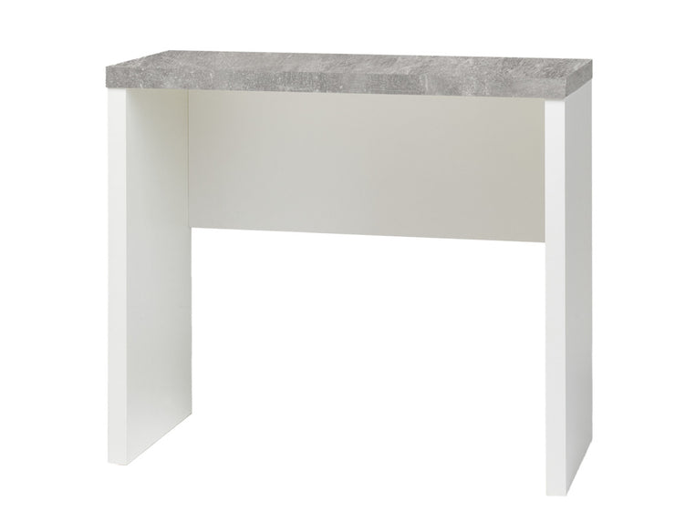 Shape-sarjan kapean työpöydän pääväri on valkoinen ja kansilevy on harmaa betoninvärinen.