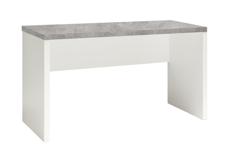 Leveän Shape-työpöydän pääväri on valkoinen ja kansi on harmaan betoninvärinen.