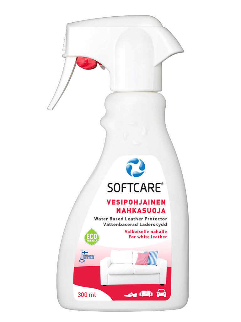 Softcare Vesipohjainen Nahkasuoja on tehokas suoja erilaisille nahkapinnoille ja erityisesti valkoiselle nahalle.