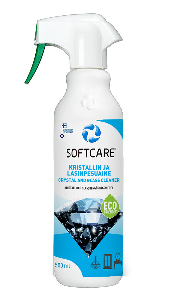 Sofcare Kristallin- ja lasinpesuaine jättää pinnat kirkkaiksi pesun jälkeen. Pesuaine sopii kristallikruunujen, peilien, lasin ja muiden kovien pintojen puhdistukseen.