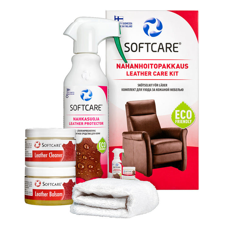 Samassa paketissa on kaikki nahanhoitoon tarvittava. Nahanhoitopakkaus sisältää Softcare-tuotteet Nahkasuoja, Nahkapesuaine, sekä Nahanhoitobalsami.