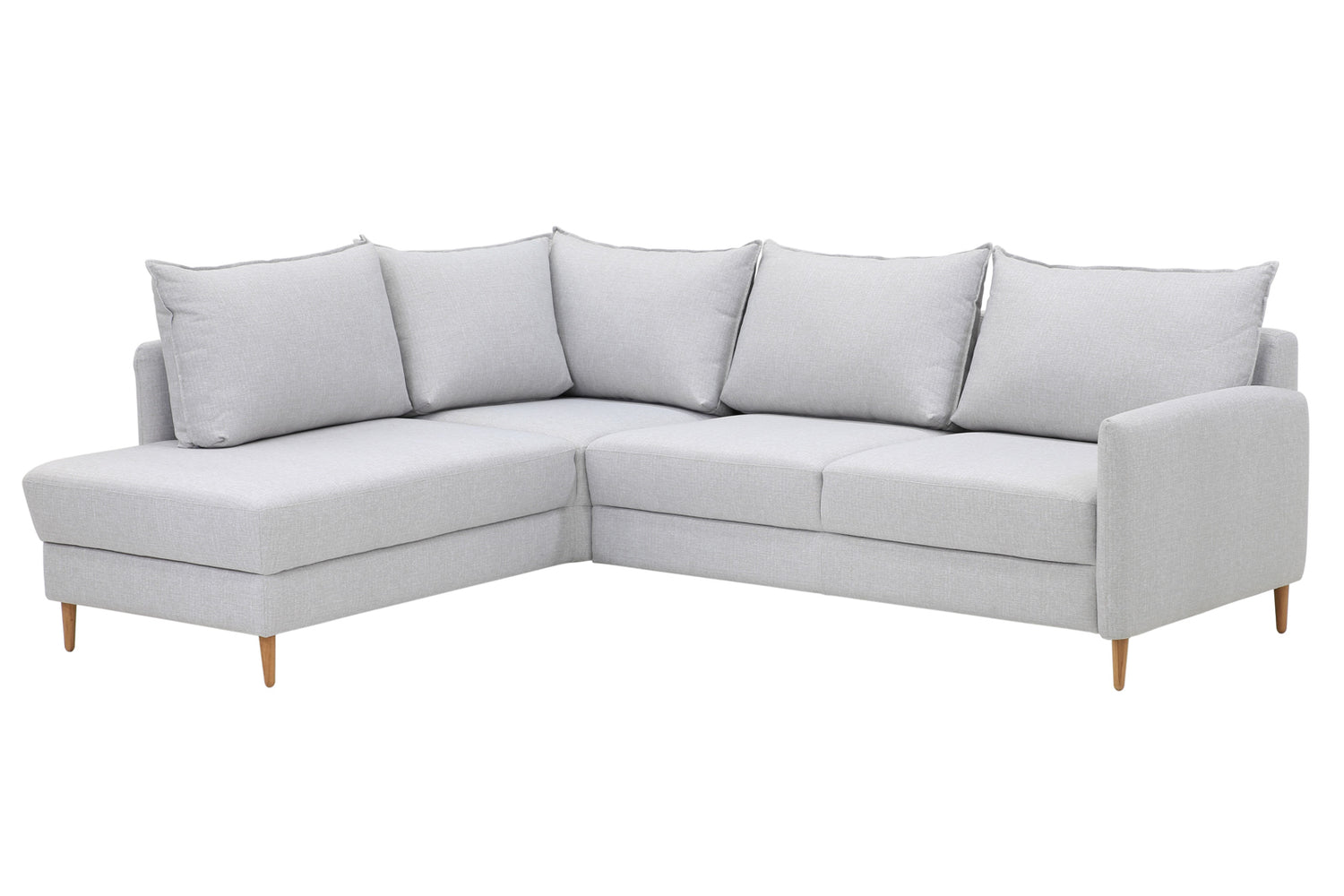 Stockholm-kulmavuodesohva vaaleanharmaalla Stark 607 -kankaalla ja vasemmanpuoleisella avokulmaosalla. Sohvassa on 12 cm korkeat luonnonväriset tammijalat.