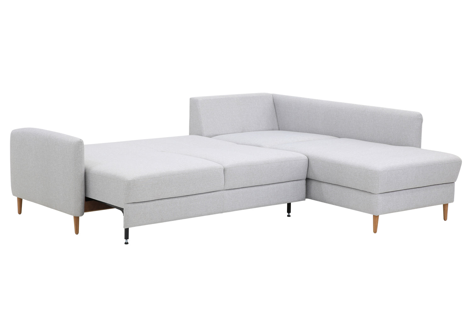 Kuvassa on Stockholm-kulmavuodesohva vaaleanharmaalla Stark 607 -kankaalla ja oikeanpuoleisella avokulmaosalla Easy Deluxe -vuodemekanismi avattuna.