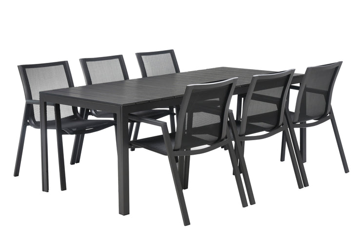 Suvi-Aintwood -pöytä 200 x 90 cm ja kuusi Nauvo-tuolia, väri musta.