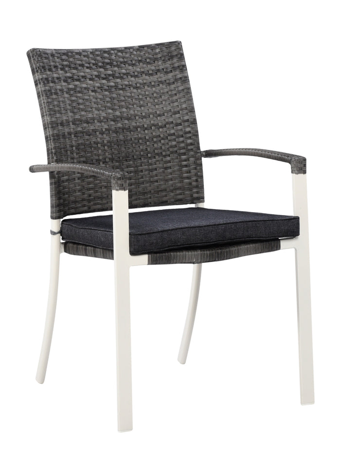 Suvi Kevyt -tuoliin on saatavana myös pehmuste lisävarusteena. Kuvassa valkoinen/harmaa tuoli ja musta istuinpehmuste.