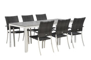 Suvi Aintwood -pöytä 200 x 90 cm ja kuusi Suvi Kevyt -tuolia, väri valkoinen/harmaa.