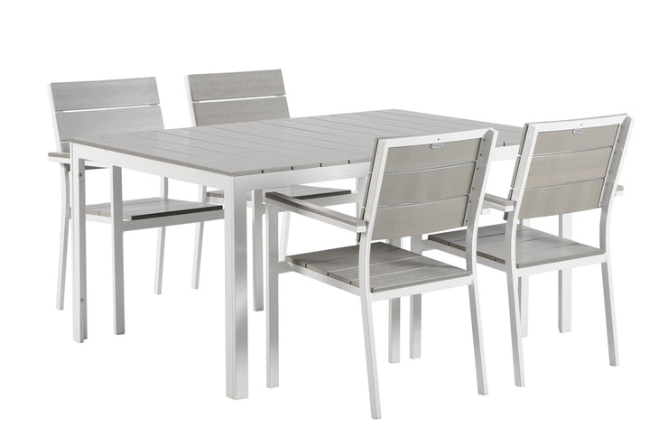 Valkoinen/harmaa Suvi Aintwood -ruokapöytä koossa 150 x 90 cm yhdistettynä Suvi Aintwood -tuolien kanssa.