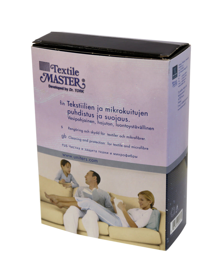 Tekstile Master -hoitosetti kankaille. Hoitosetti soveltuu monien tekstiilien ja mikrokuitujen puhdistukseen ja suojaukseen.