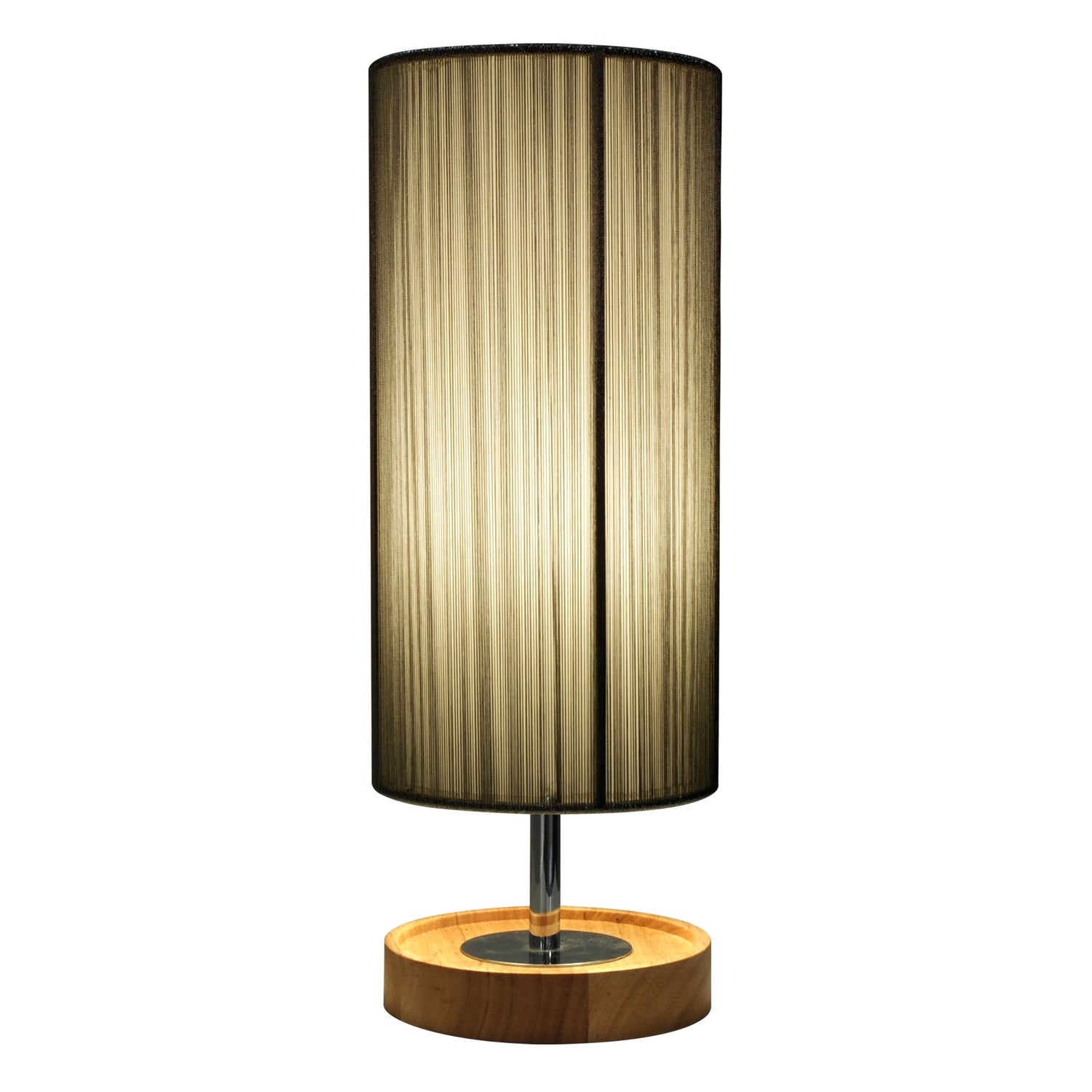 Toledo-pöytävalaisin mustalla lankavarjostimella ja saarni/kromi-jalalla. Kuvan valaisimessa on valo päällä.