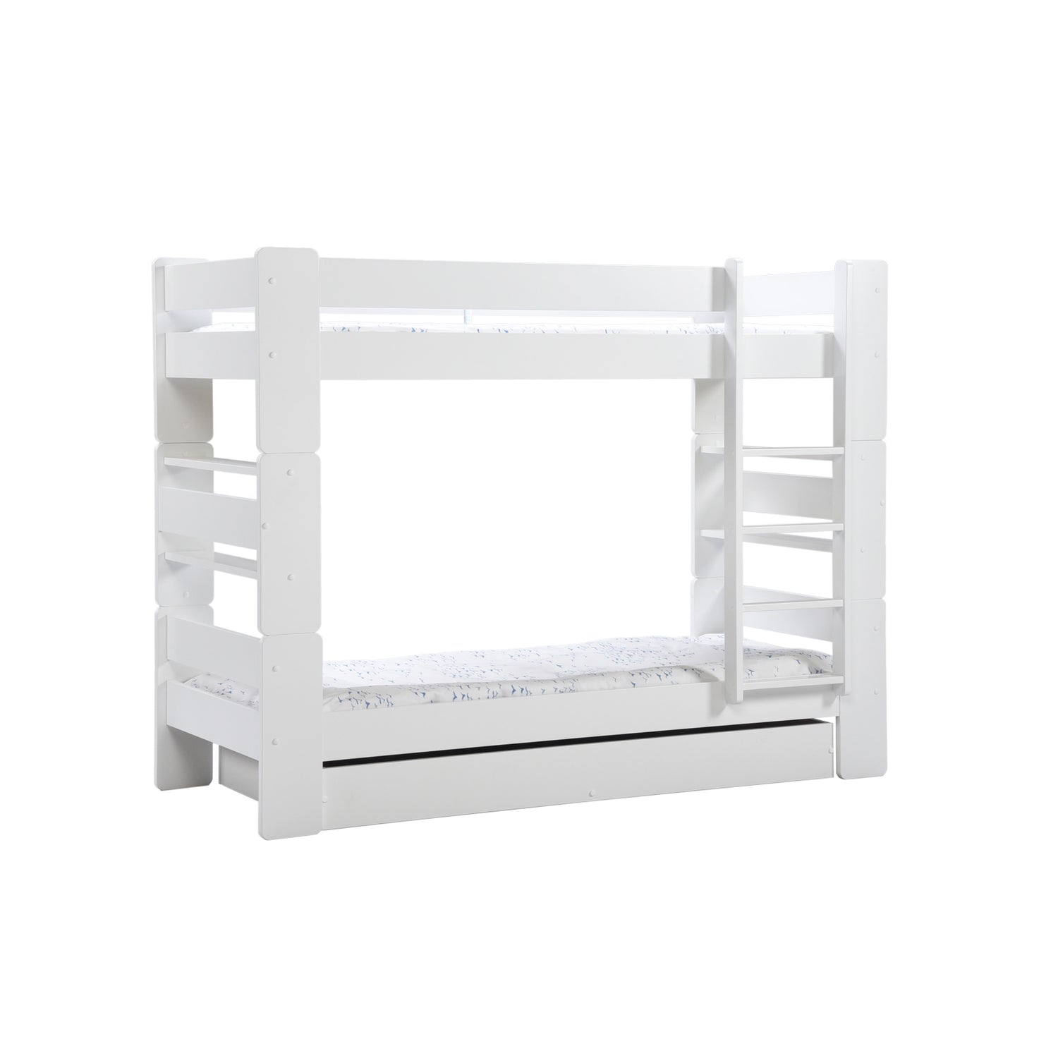 Valkoinen Unipuu-kerrossänky. Kuvassa on lisävarusteena myytävä varavuode sängynaluslaatikkona. Patja ja petivaatteet myydään erikseen.