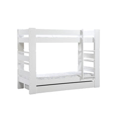 Valkoinen Unipuu-kerrossänky. Kuvassa on lisävarusteena myytävä varavuode sängynaluslaatikkona. Patja ja petivaatteet myydään erikseen.