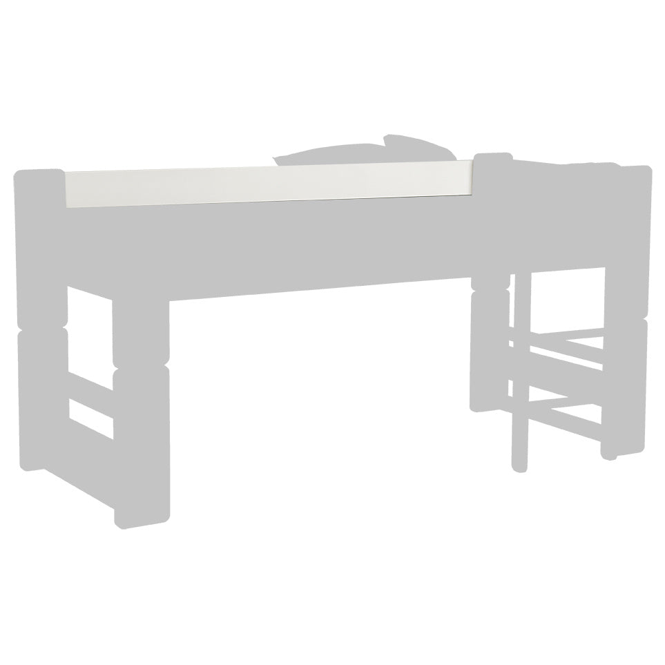 Kuvassa on valkoinen raudallinen turvalaita Unipuun kerrossängyssä. Turvalaidan kiinnitys tapahtuu sängyn jalkoihin ja raudalla sivulaitaan.