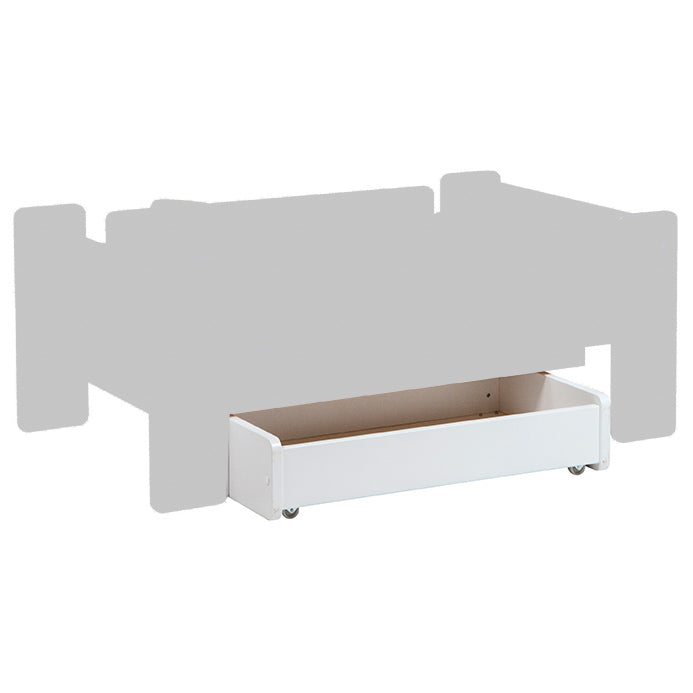 Unipuu-sarjan valkoinen sängynaluslaatikko on kätevä lelulaatikko, joka liikkuu helposti pyörien avulla.
