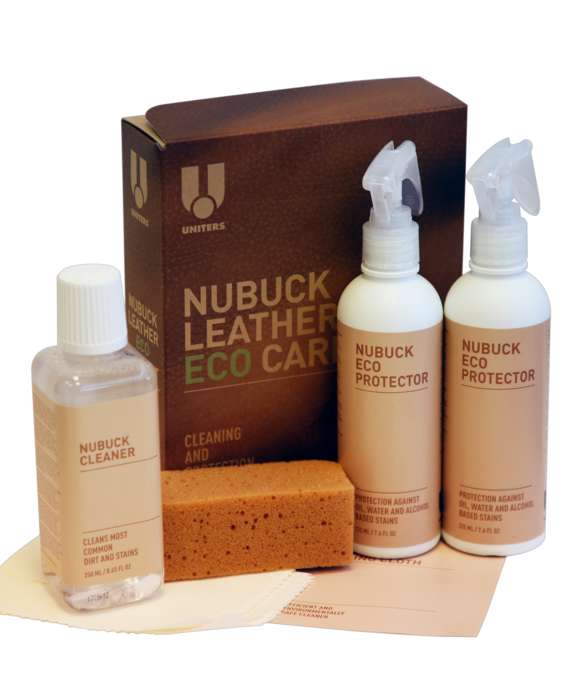 Nubuck Leather Eco Care- nupukkinahanhoitosetti tehokkaaseen tahrojen poistoon ja nahan suojaukseen. Setti sisältää nupukkinahkatuotteille ja aroille N-nahkatyypin nahoille puhdistustuotteen, hoitototuotteen, sekä tarvittavat pyyhkeet, sienet ja ohjelehden.