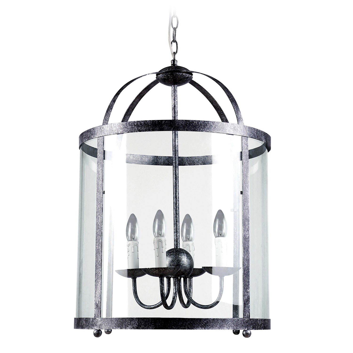 Antiikinharmaassa Venetsia-kattovalaisimessa on antiikinharmaa runko, jota ympäröi kirkas lasi. Lyhty-valaisimen sisällä on neljä kynttiläjäljitelmä-lamppua.