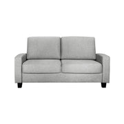 Venla 2-istuttava sohva vaaleanharmaalla Verde 18 -kangasverhoilulla, 16 cm leveillä käsinojilla ja wengen värisillä 10 cm korkeilla puujaloilla.