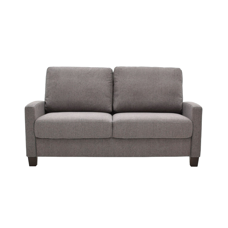 Venla 2-istuttava sohva tummanharmaalla Verde 19 -kangasverhoilulla, kapeilla 10 cm käsinojilla ja wengen värisillä 10 cm korkeilla puujaloilla.