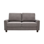 Venla 2-istuttava sohva tummanharmaalla Verde 19 -kangasverhoilulla, 16 cm leveillä käsinojilla ja wengen värisillä 10 cm korkeilla puujaloilla.