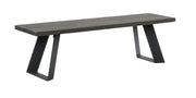 Venla-penkki 150 cm harmaalla mäntyistuimella ja mustilla vinoilla metallijaloilla.