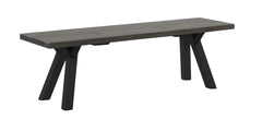 Venla-penkki 150 cm harmaalla mäntyistuimella ja mustilla puujaloilla.