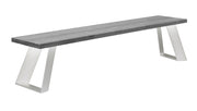 Venla-penkki 200 cm harmaalla mäntyistuimella ja valkoisilla vinoilla metallijaloilla.