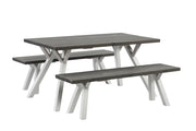 Venla-ruokapöytä 150 x 90 cm ja -penkit 150 cm harmaalla kannella ja valkoisilla puujaloilla.