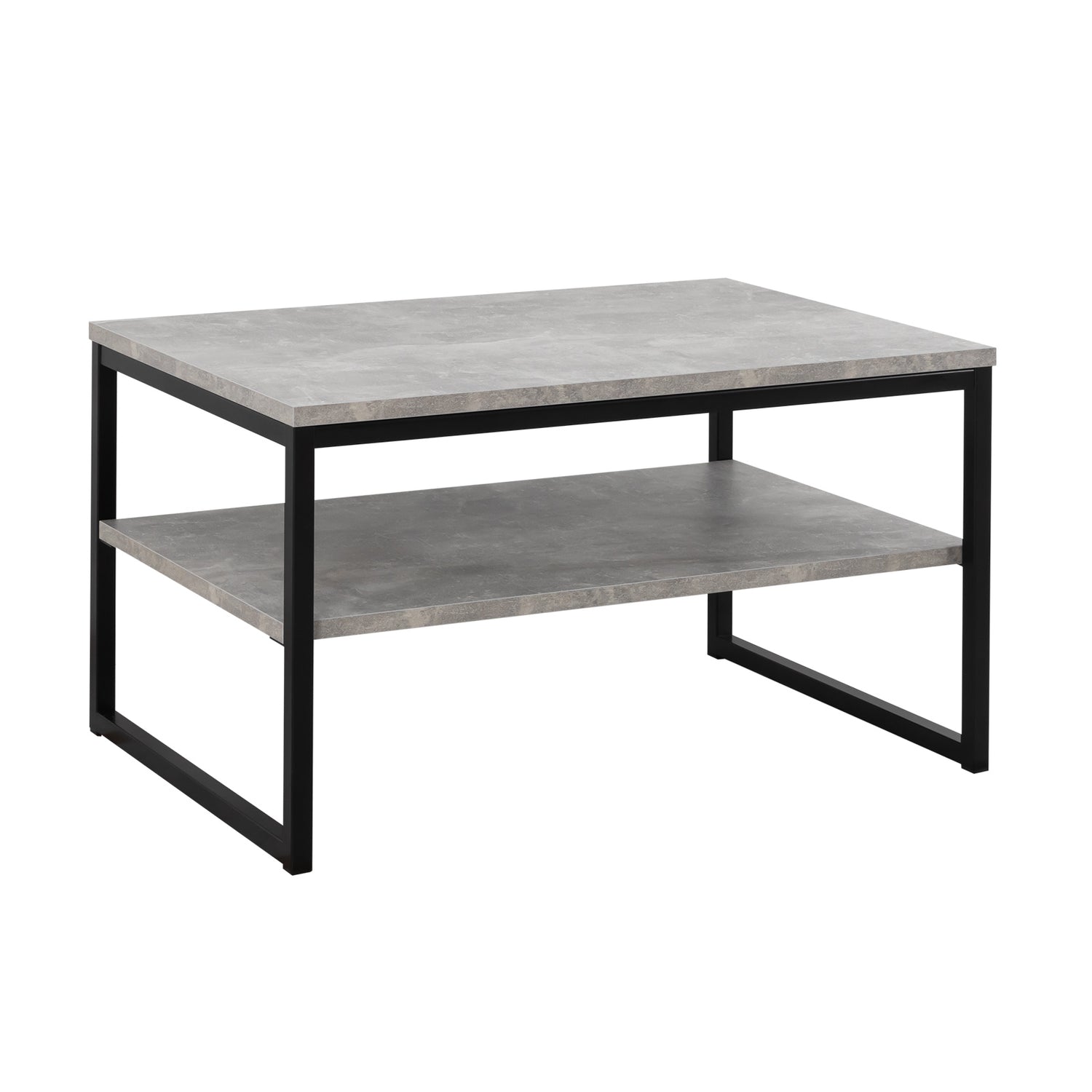 Viiva-sohvapöytä harmaalla kansi- ja hyllylevyllä, sekä mustilla jaloilla.