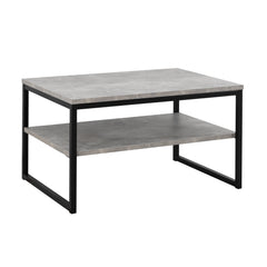 Viiva-sohvapöytä harmaalla kansi- ja hyllylevyllä, sekä mustilla jaloilla.