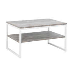 Viiva-sohvapöytä harmaalla kansi- ja hyllylevyllä, sekä valkoisilla jaloilla.