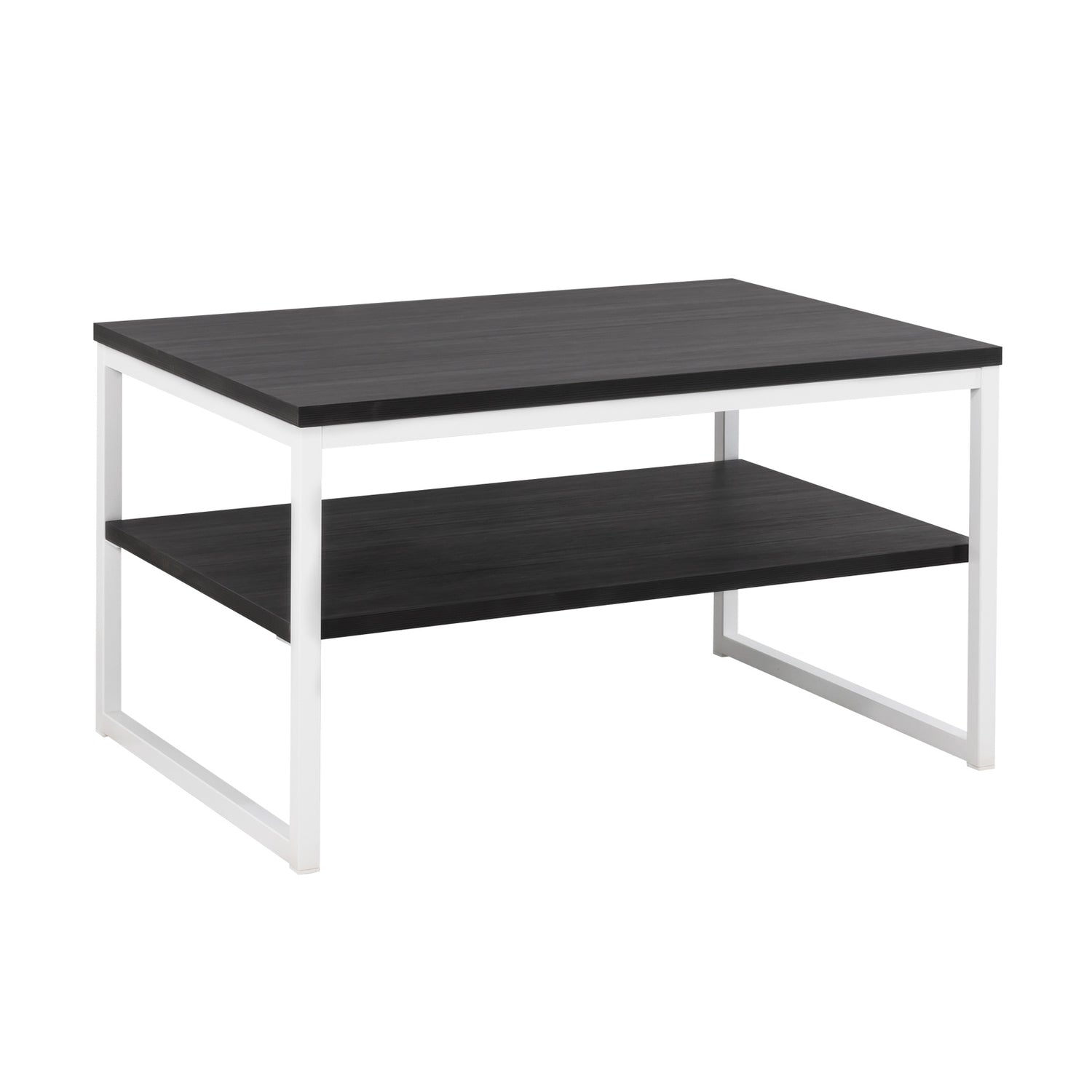Viiva-sohvapöytä mustalla kansi- ja hyllylevyllä, sekä valkoisilla jaloilla.