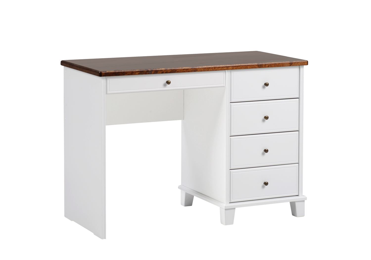 Valkoinen Aada-kirjoituspöytä ruskealla kannella.