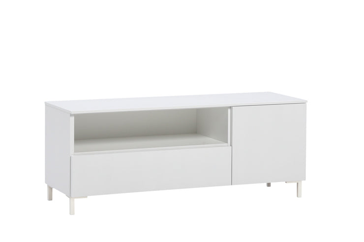 Valkoinen Helsinki-sarjan tv-taso valkoisilla 12 cm metallijaloilla.