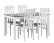 Jatkettava Kaisla-ruokapöytä 85 x 140 + 40 cm  ja neljä Kanerva-tuolia harmaa/valkoisena.
