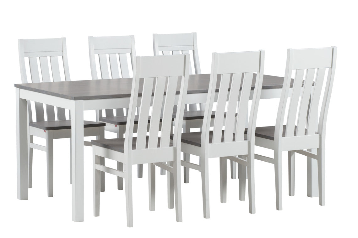 Kaisla/Kanerva 6 hengen ruokailuryhmä valkoharmaalla pöydällä ja valkoharmailla harmailla Kanerva-tuoleilla.