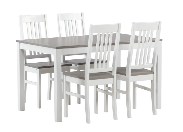 Puro-tuolit Kaisla-pöydän ympärillä. Kuvassa on harmaa/valkoinen pöytäryhmä.