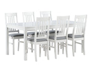 Kaisla/Puro 6 hengen ruokailuryhmä valkoisella Kaisla-pöydällä ja kansgasverhoilluilla Gusto 94 harmailla Puro-tuoleilla.