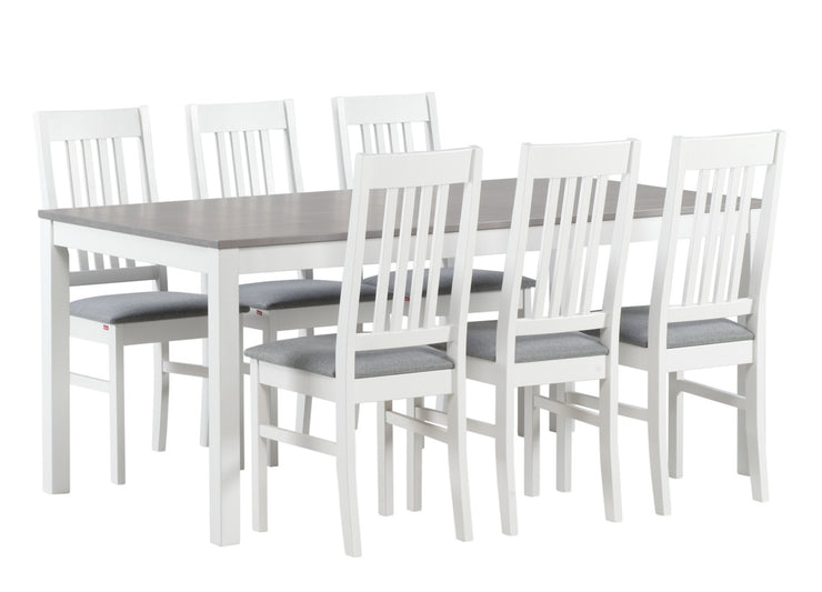 Kaisla/Puro 6 hengen ruokailuryhmä harmaa/valkoisella Kaisla-pöydällä ja kansgasverhoilluilla Gusto 94 harmailla Puro-tuoleilla.