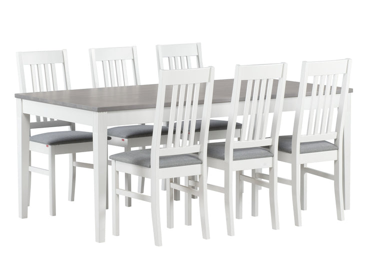Järvi/Puro 6 hengen ruokailuryhmä istuinverhoilulla värissä valkoinen/harmaa.