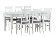 Kanerva-pöytä jatkettuna ja 6 Puro-tuolia harmaalla Gusto 94 -istuinverhoilulla.