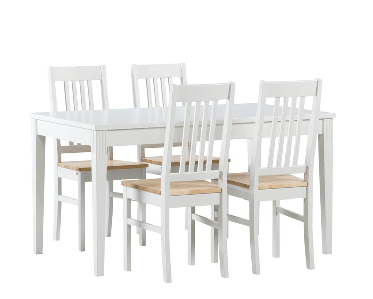 Koivuistuimiset Puro-tuolit valkoisen Kanerva-pöydän ympärillä.