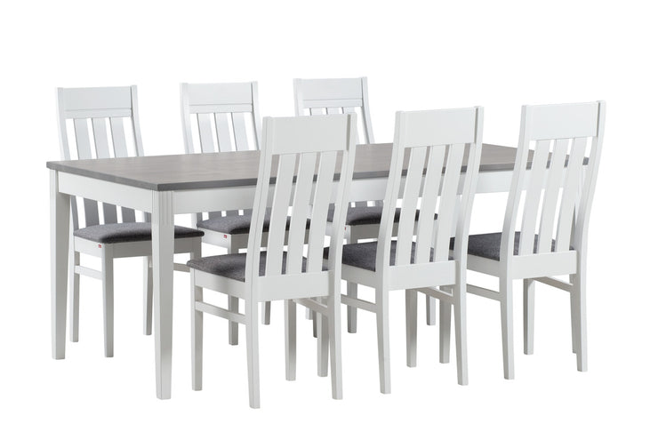 Jatkettavan Kaisla-pöydän ääreen sopii ruokailemaan 4 henkilöä ja jatko-osan ollessa käytössä 6 henkilöä. Tähän ryhmään sisältyy neljä tuolia ja lisätuolit voidaan hankkia erikseen. 