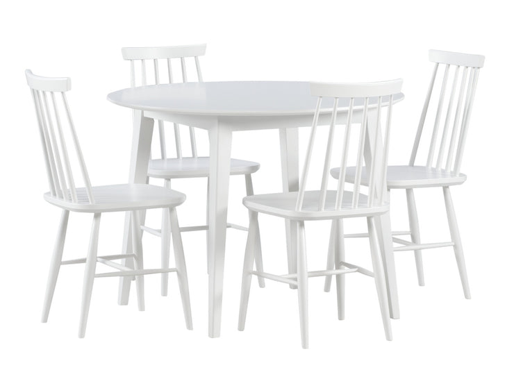 Valkoinen Laine-ruokapöytä ja neljä valkoista Ahven-pinnatuolia