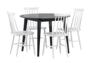 Pyöreä musta 100 cm Laine-ruokapöytä ja valkoiset Ahven-tuolit.