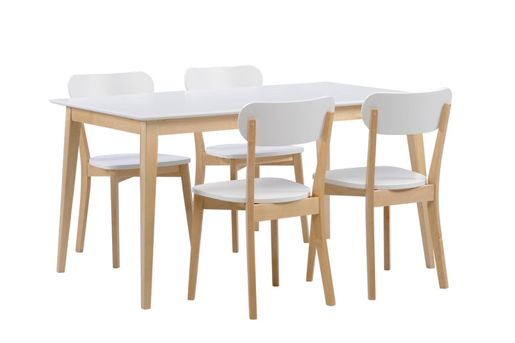 Laine-ruokapöytä 130 x 80 cm ja neljä tuolia, väri koivu/valkoinen.